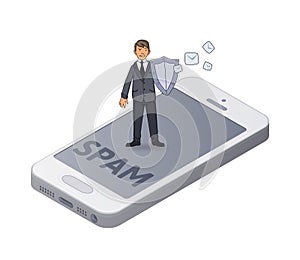 Man in suit with a shield protecting smartphone from spam and unwanted mail. Antispam. Concept isometric vector photo
