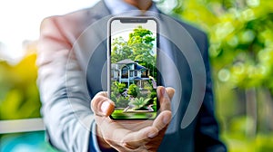 Man in suit showcasing a house on smartphone screen. Real estate mobile app concept. Home buying in digital age. Visual