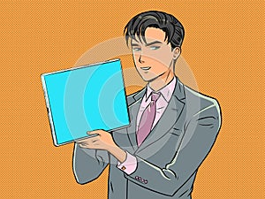 A man in a suit shows a screen. Proposal of a new function, product, service. To promote your offers. Pop Art Retro