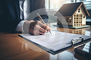 A man in a suit signing a document with a pen. Suitable for business, legal, or office-related concepts