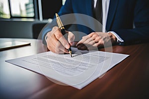 A man in a suit signing a legal document with a pen