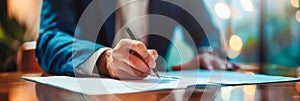 Man in a suit signing paperwork for a real estate contract