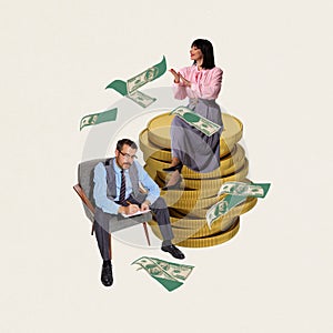 Man in suit sitting on chair, managing and planning family budget while woman sitting on coins stacks and spending