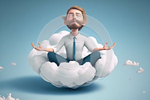 Man in a suit sitting on a cloud doing yoga, ai generated