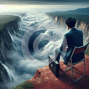A man in a suit sitting on the edge of a cliff.