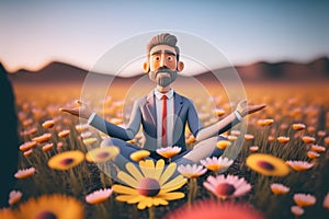 Man in a suit sitting in a field of flowers doing yoga, ai generated