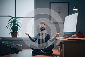 Man in a suit sitting in an office doing yoga, ai generated