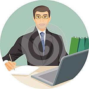 Man in suit sitting at table behind computer notebook vector