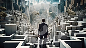 A man in a suit standing in front of a maze