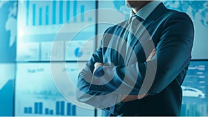 A man in a suit is standing in front of a wall of monitors