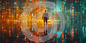 Man in suit standing in futuristic cityscape with digital binary code overlay