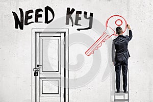 A man in suit standing on a ladder to the right of a locked door with the title `Need Key` above and drawing a key on a