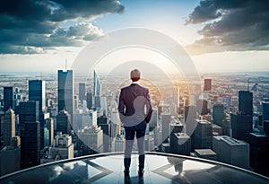 man in suit standing on rooftop, looking out over city. He is alone and seems to be lost in thought. successful businessman in