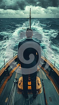 A man in a suit stands on the deck of a boat, looking out at the stormy sea