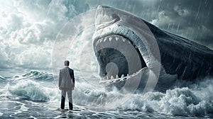 A man in a suit stands in the ocean, facing a giant shark with open jaws. The sky is dark and stormy, with large waves crashing