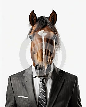 Man in suit with striped tie and horse head photoshopped onto his body. Generative AI photo