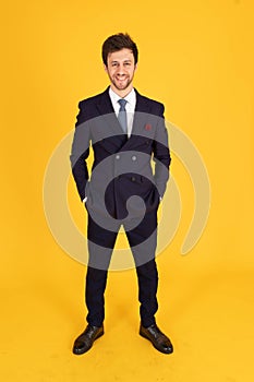 A man in a suit with a tie Handsome looking face with beard In the business man look Standing pickpockets, smiling and looking at
