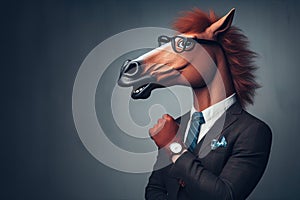 A man in a suit and tie is wearing horse mask