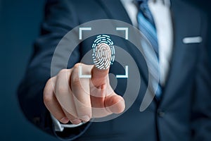 Man in suit uses fingerprint scan for secure access and identification technology authentication system
