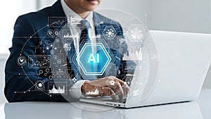 Businessman using a laptop with an AI driven data network interface.