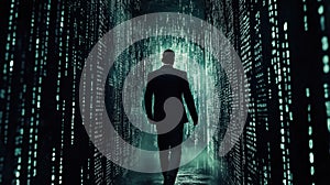 a man in a suit walking through a tunnel of binary code