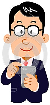 A man in a suit wearing glasses to operate a smartphone