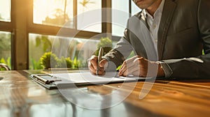 The man in suit writing. AI generated photo