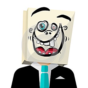 Man in suit wth paper bag on head with crazy smile