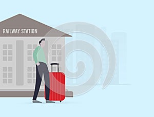 Man with a suitcase standing next to the exit of a railway station, ready to embark on a new journey. The image captures