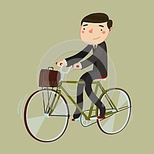 Man in suite and with briefcase riding a bicycle. vector illustration