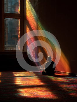 Man in sujood surrounded by colorful light in a serene space