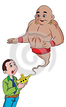 Man Summoning a Genie From a Magic Lamp, illustration
