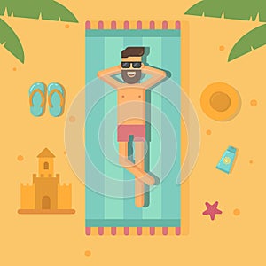 Man sunbathing at the beach flat illustration