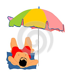 Man sunbathing on the beach under parasol,  illustration. Handsome boy lying down on sand. Summer time activity. Sun protect