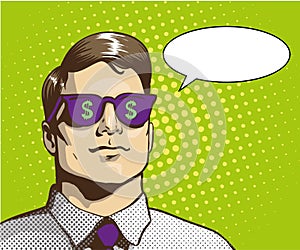 Man with sunglasses dollar sign. Vector illustration in retro pop art style. Business success concept