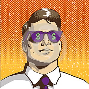 Man with sunglasses dollar sign. Vector illustration in retro pop art style. Business success concept