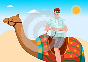 Man with sunglasses riding camel. Travelling to hot countries. Sun and heat. Exotic animals