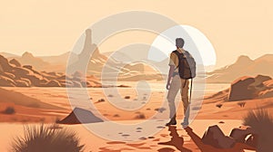 trek man journey desert landscape backpack travel walking adventure freedom hike. Generative AI.