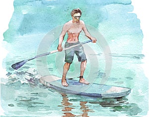 Man on supboard watercolor illustration