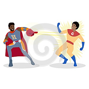Man superhero zapping enemy villain with laser electricity, Superhero fighting