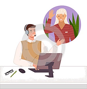 A man support worker, telephone service operator with headphones talking to a client blonde woman