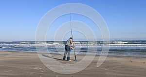 Man surf beach fishing Gulf of Mexico Texas Ocean 4K