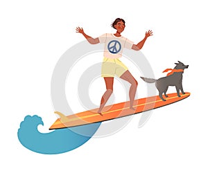 Man Surfer Character on Surf Board with Dog Riding Moving Wave of Water Vector Illustration
