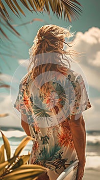 Man with surfer hair stands on beach with floral shirt, holding surfboard