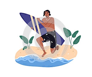 Man surfer holding surfboard. Active young guy with water board in hand, ready for surfing in sea on summer holiday