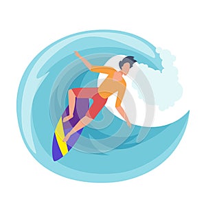 Man surfer in swimwear surfing on surfboard in sea or ocean blue wave