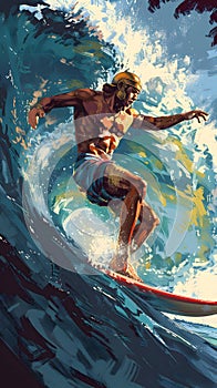 A man is surfing a wave on his surfboard in the ocean