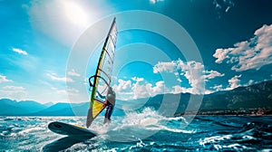 A man is surfing on a wave in the ocean. The sky is blue and the sun is shining brightly.