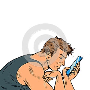 a man surfs in the smartphone in the morning. Businessman daily routine