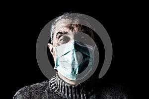 Man with surgical mask. Pandemic or epidemic and scary, fear or danger concept. Protection for biohazard like COVID-19 aka